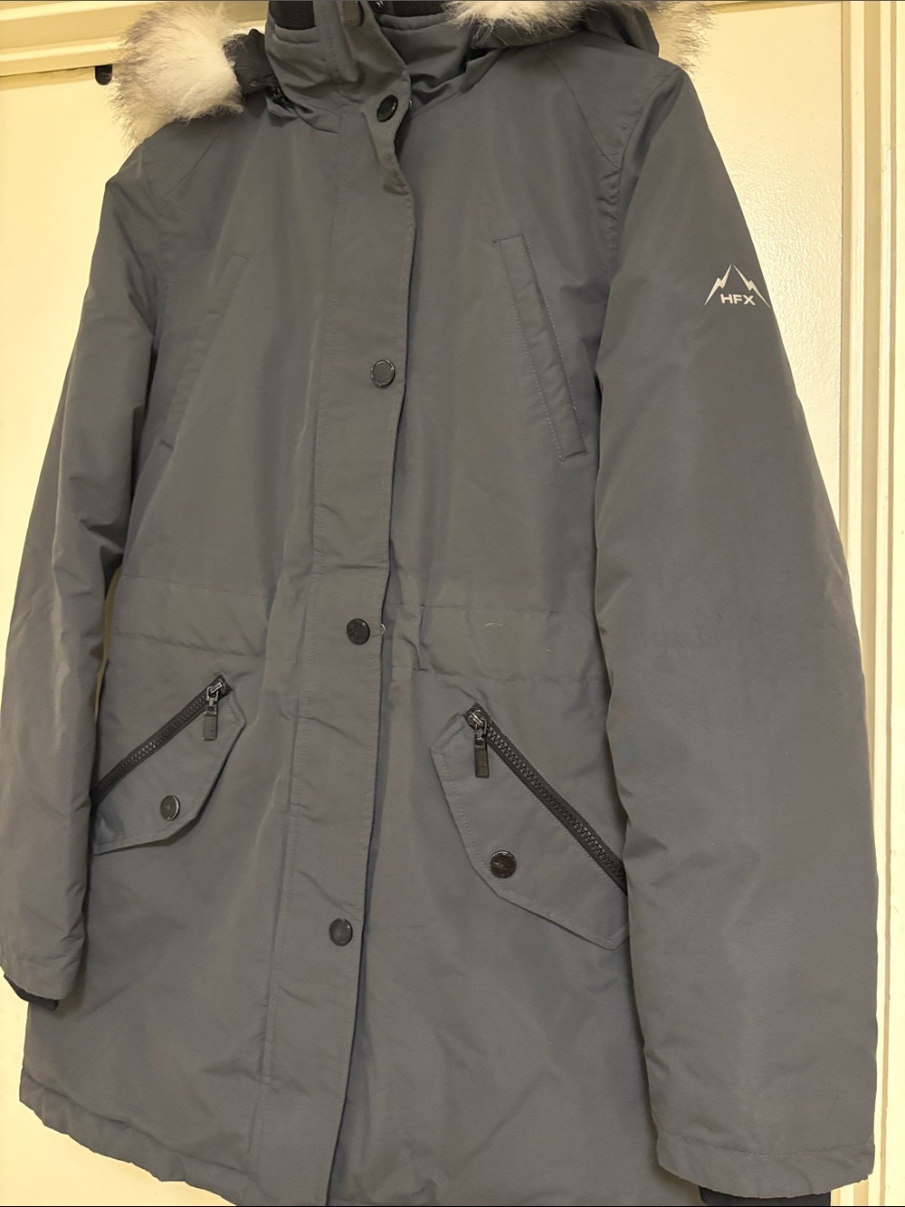 Women's Gray Hooded Parka with Faux Fur Trim